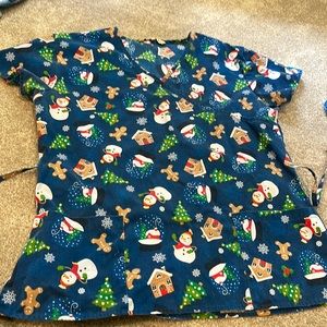 Snowman and gingerbread Christmas scrub top